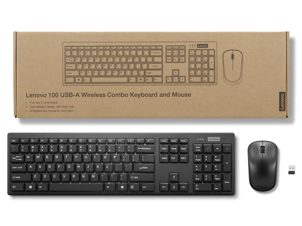 Lenovo 100 Wireless Keyboard and Mouse Combo | 2.4GHz | Full-Size Silent Keyboard | Ambidextrous Optical Mouse | Black | 1 Year Warranty